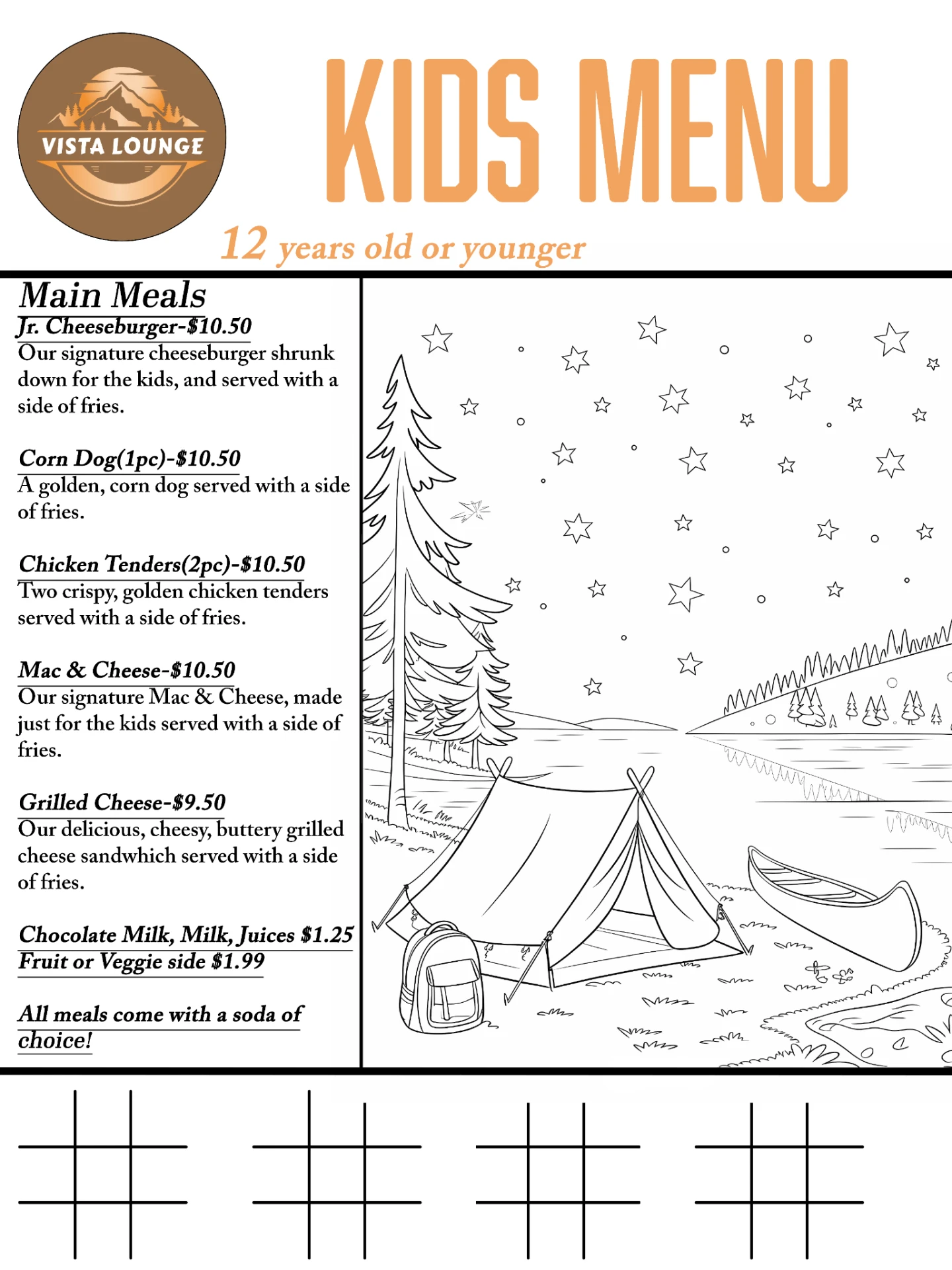 Vista Lounge kids menu — junior meals, corn dogs, chicken tenders and mac & cheese