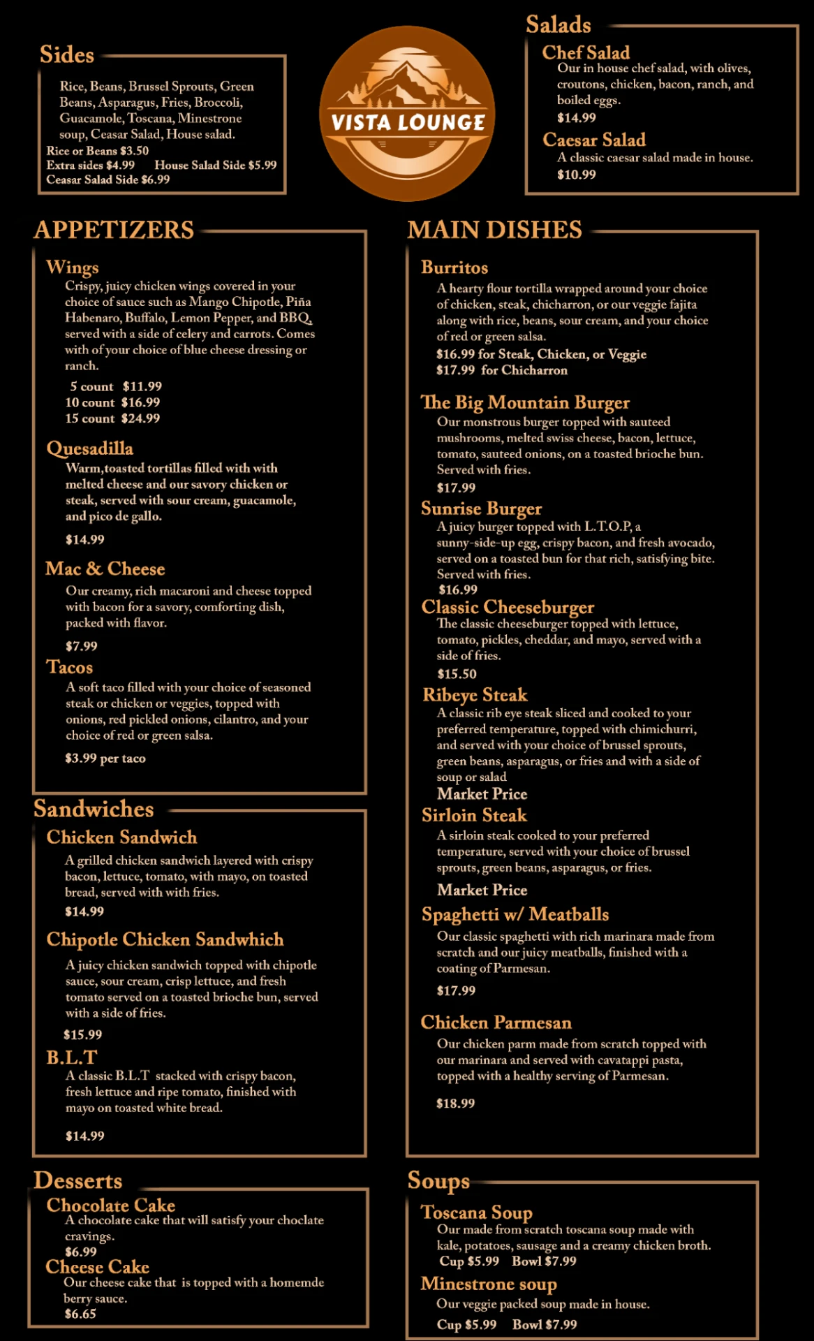 Vista Lounge main menu — burgers, tacos, steaks, salads and more